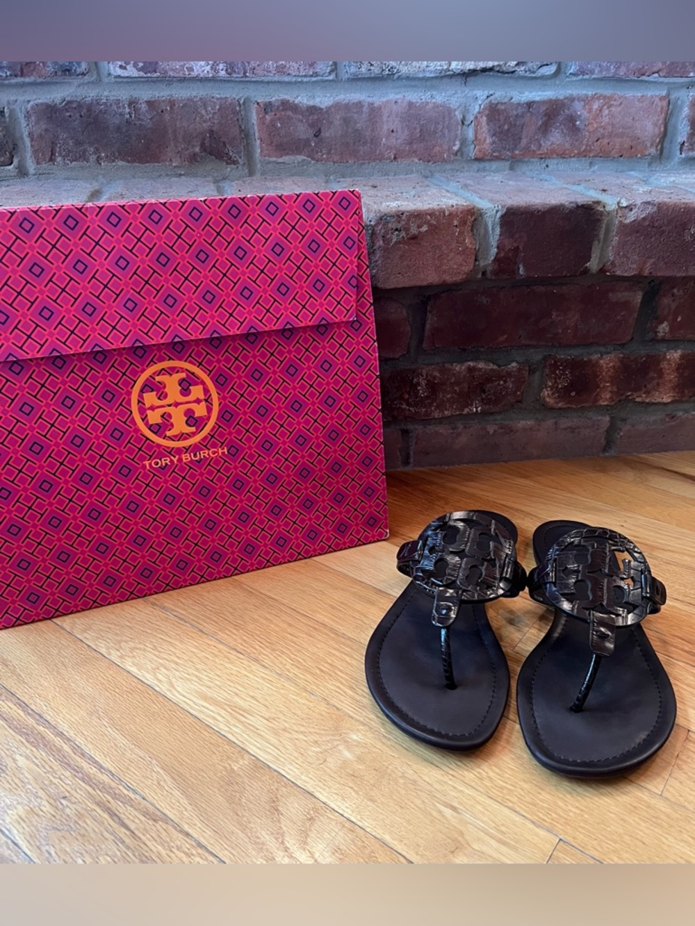Tory Burch Brown Croc Embossed Leather Miller Sandals